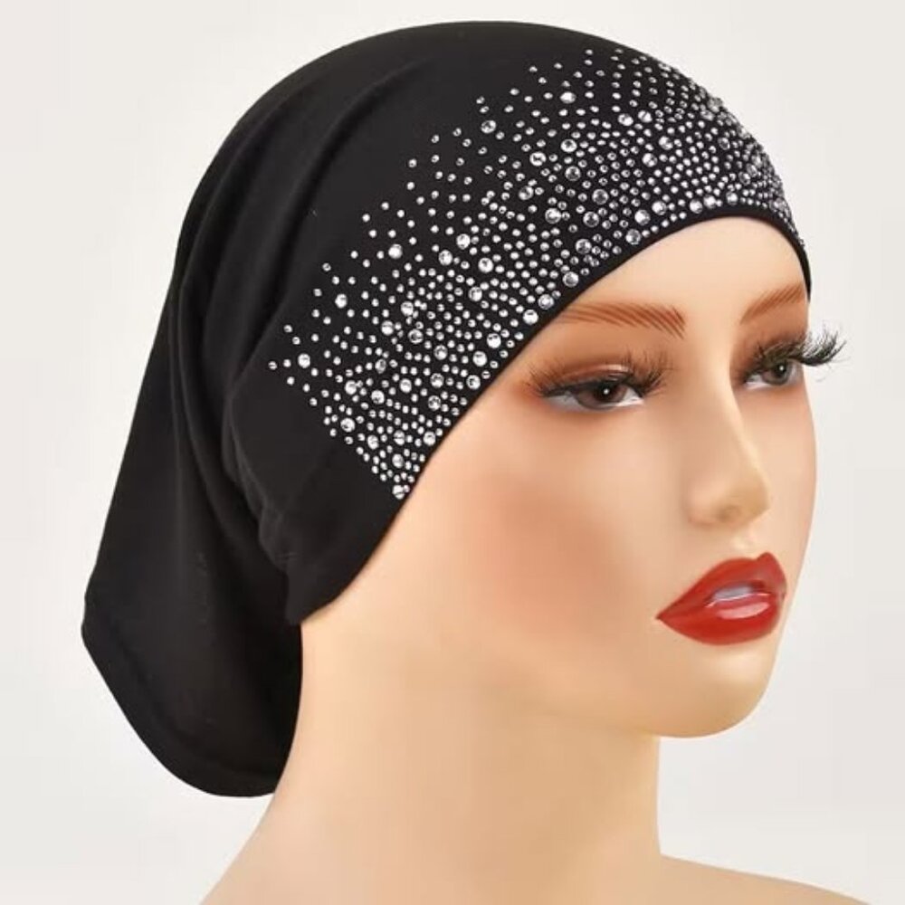 Black Tube Cap Women's Hijab Under Cap with Rhinestones Cluster